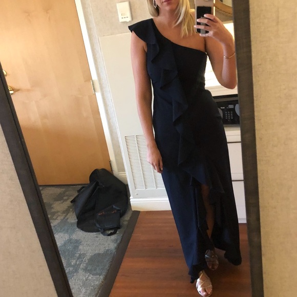 Eliza J size 4 navy one shoulder ruffle dress WORN ONCE - Picture 1 of 3